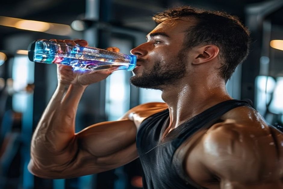 Athlete drinking electrolyte sports drink after intense workout