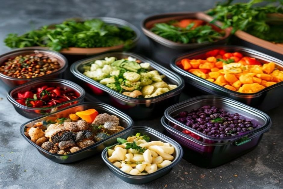 Meal prep containers with balanced macronutrients including healthy fats
