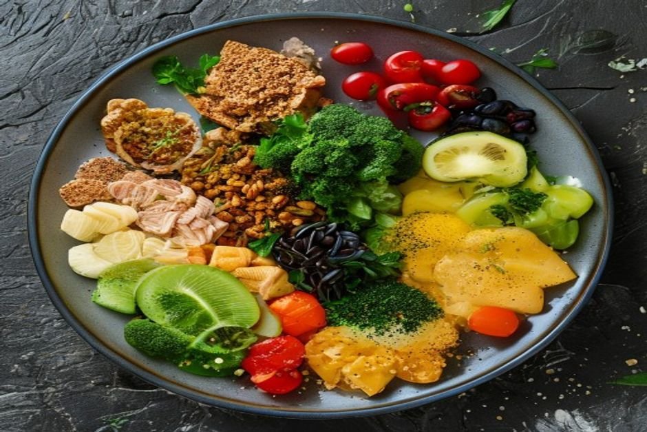 Balanced meal plate showing protein, carbohydrates, and healthy fats portions