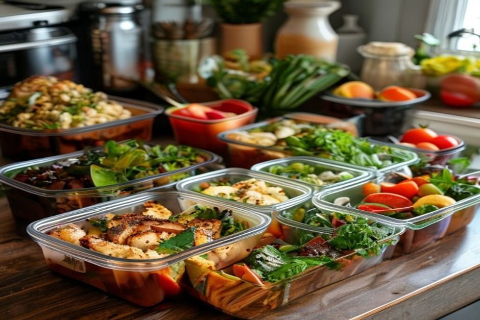 Meal prep containers with balanced runner meals of chicken, rice, and vegetables