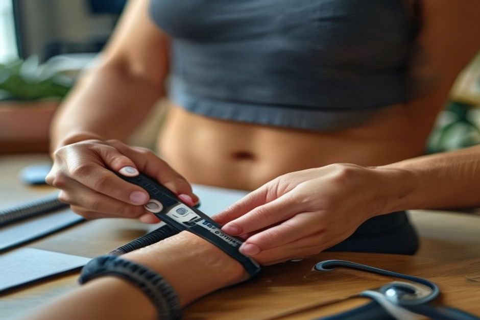 Person measuring body fat percentage with calipers and tape measure