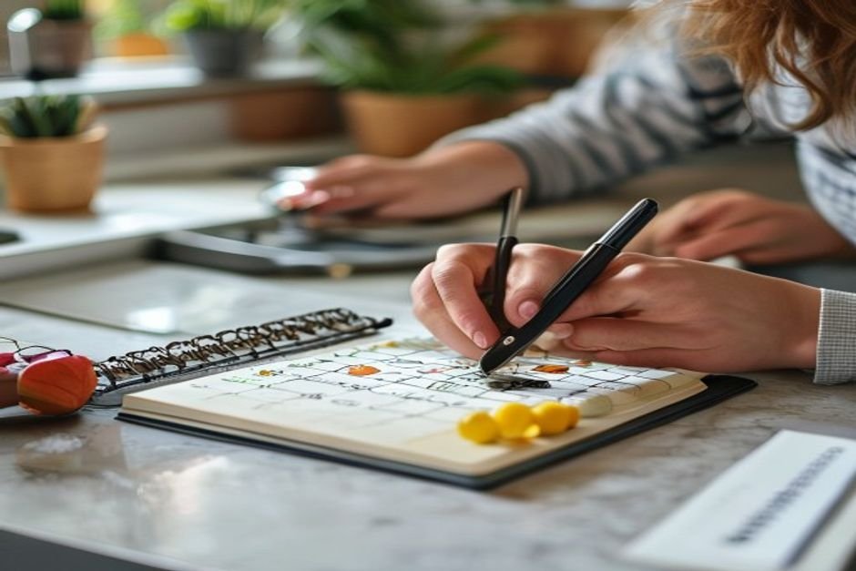 Person calculating daily fat intake with food scale and notebook