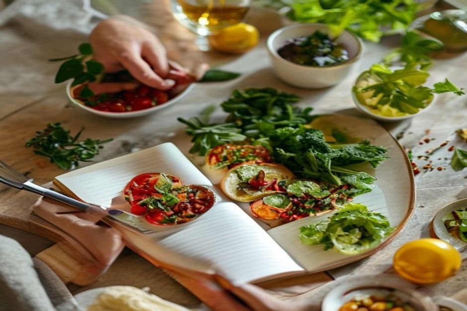 Tracking daily calorie intake with notebook and healthy meals