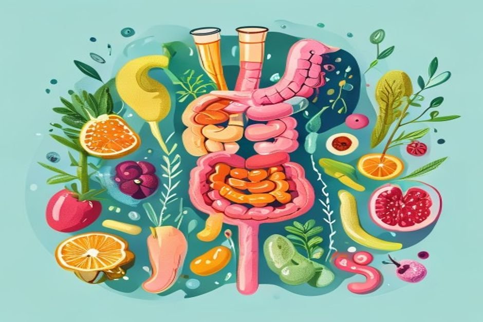 Digestive health concept showing healthy gut with probiotics and fiber foods