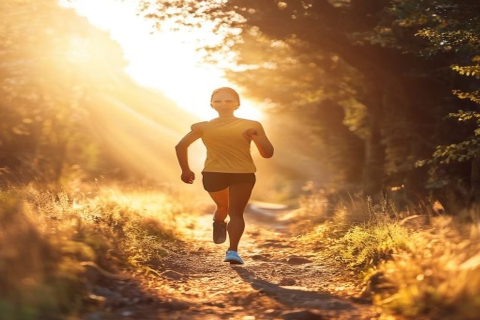Energetic person running on a trail in morning sunlight