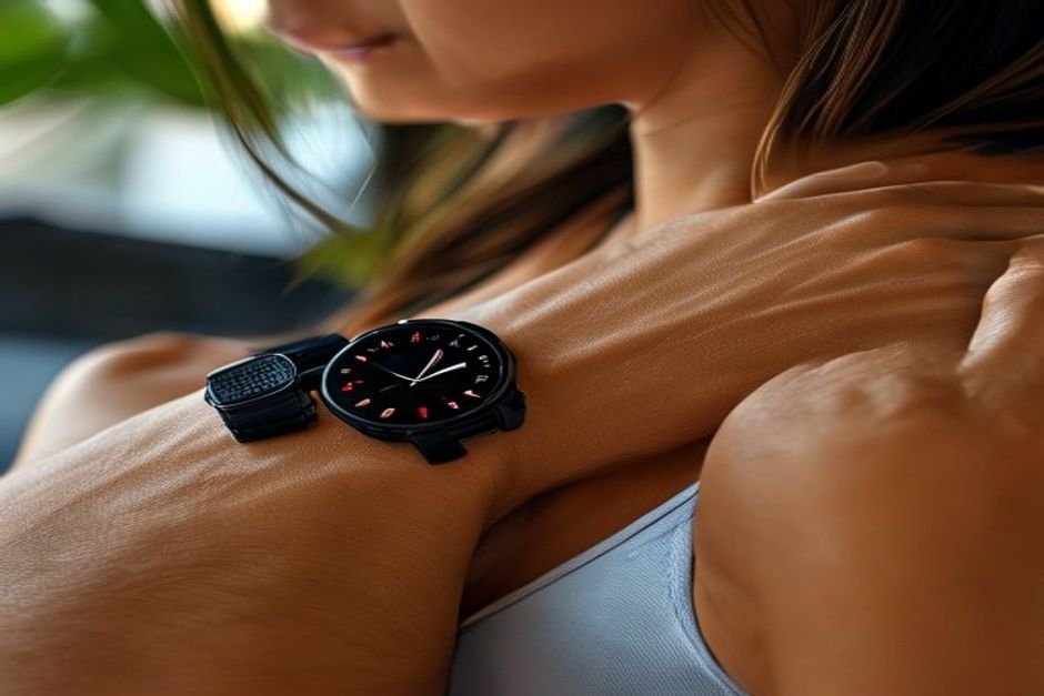 Person using fitness tracker smartwatch to monitor resting heart rate