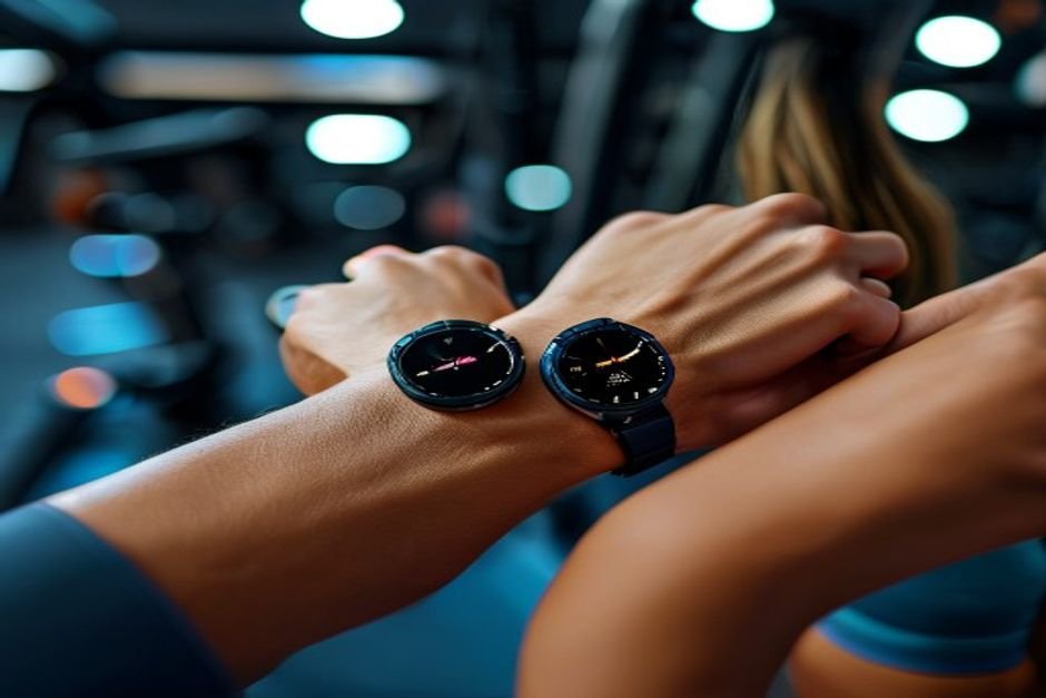 Person checking smartwatch heart rate and calories burned during workout