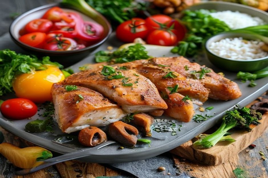 Food scale measuring chicken breast, rice, and vegetables for macro tracking