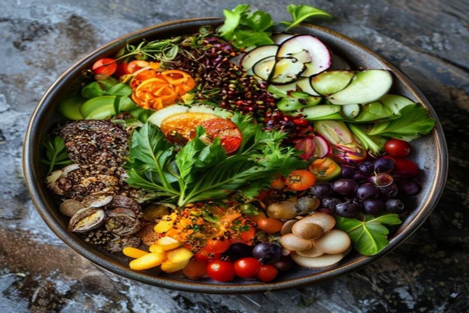 Healthy meal with high fiber foods including vegetables, whole grains, and legumes