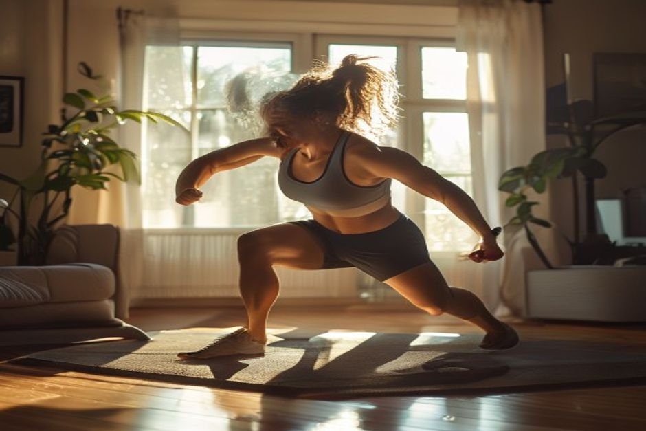 Active person doing high intensity workout at home with natural lighting
