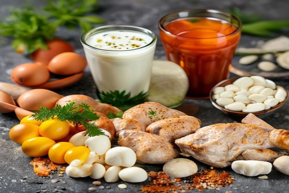 High protein foods including chicken, eggs, fish, and protein shakes