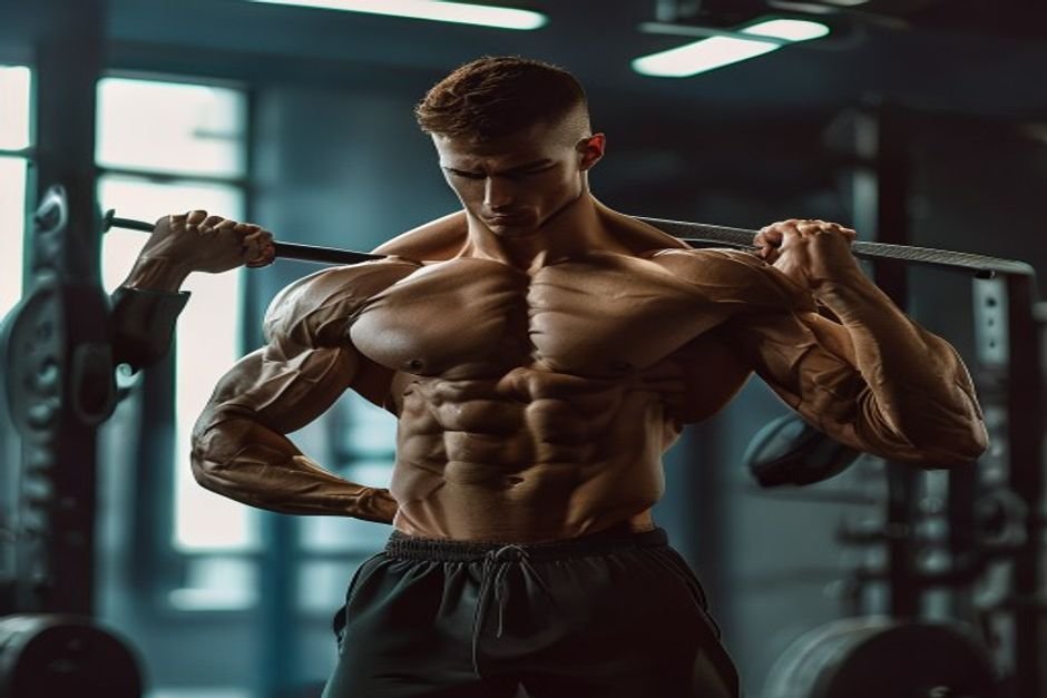 Athletic mesomorph body type person lifting weights with muscular build
