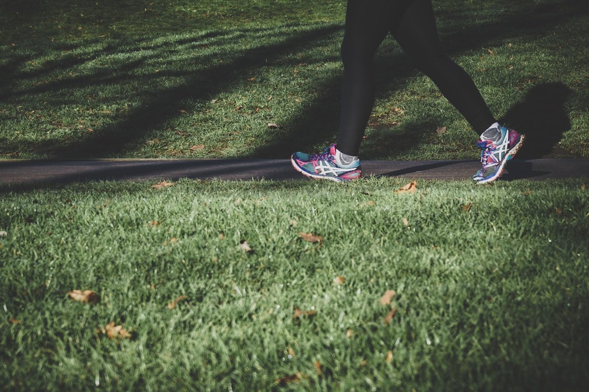 Person walking on outdoor path surrounded by green grass representing daily walking for weight loss