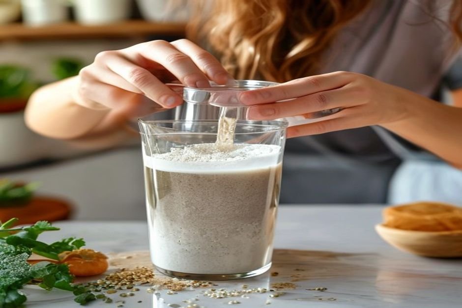 Person drinking psyllium husk fiber supplement mixed with water