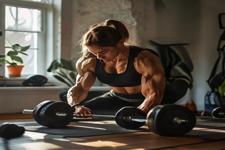Person doing resistance training exercises with dumbbells at home