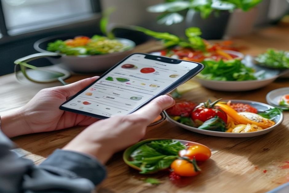 Person tracking macronutrients in food diary app on phone with healthy meals